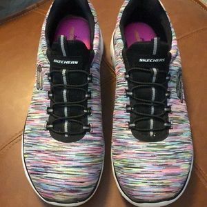 Skechers multi color shiny slip on with  memory foam with elastic lace up